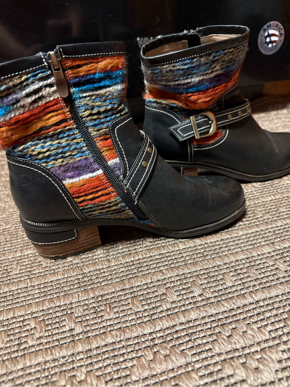 Black Gaetana Ankle Boots. Multicolored Knit Shaft. Boho, western, retro